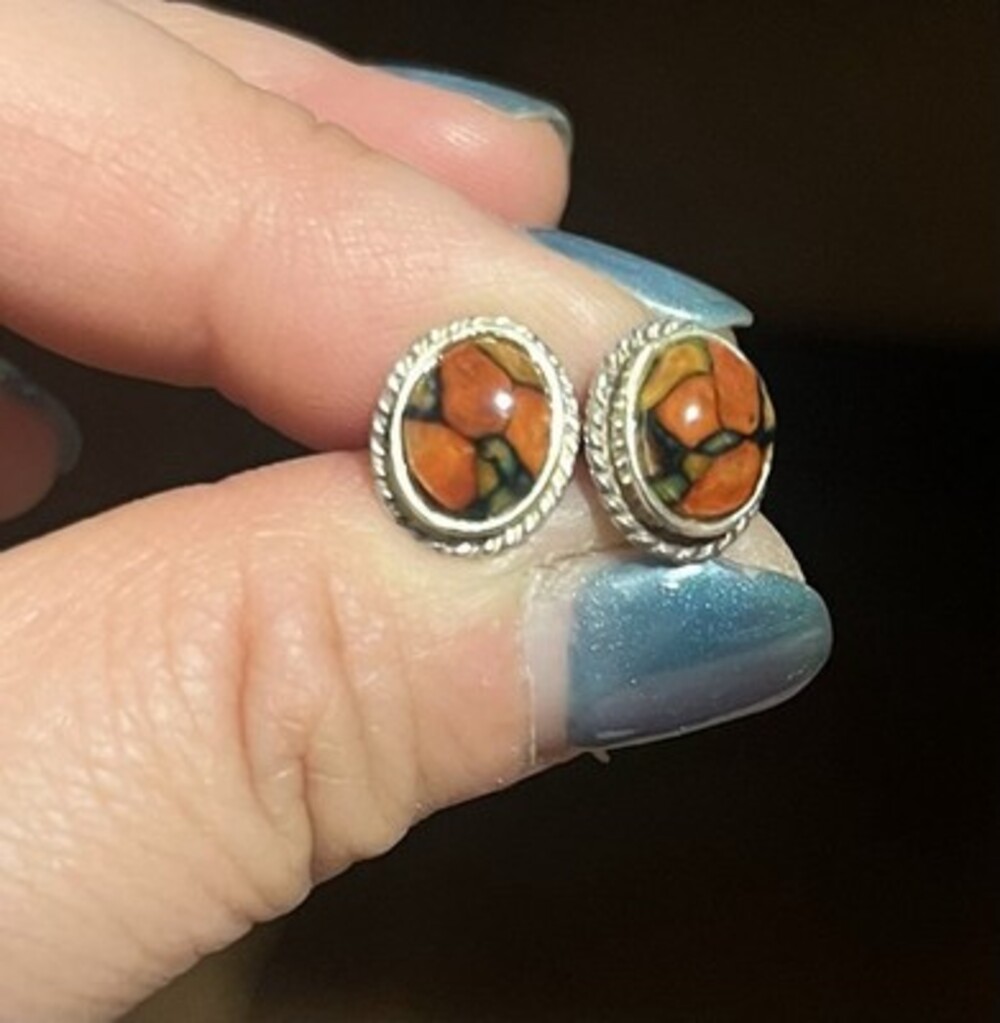 South Western Style Sterling Silver With Orange Mosaic Inlay Stud Earrings. VTG